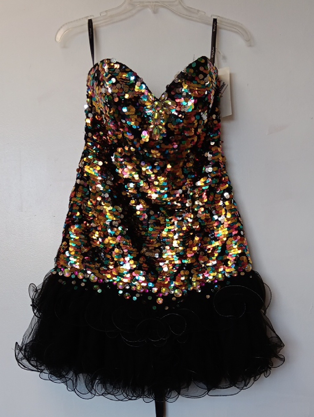 Show Stopping Women's Black Multicolor Sequin Mini Dress - Strapless Style